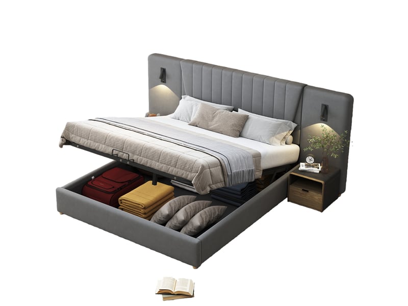  Lit coffre 180x200 cm - avec lampe de lecture et port usb, sans matelas, en velours gris  - Conforama A