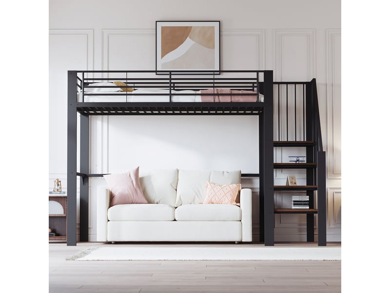  Lit mezzanine 90x200 cm avec escalier et espace rangement - lit simple - métal noir, solide, gain de place, enfant et adulte  - Conforama B