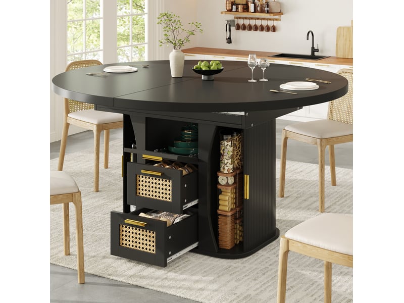 Table à manger extensible 118-158x118x77cm avec rangement et tiroirs en rotin, finition noire, plateau aggloméré, usage cuisine, salon - Conforama B