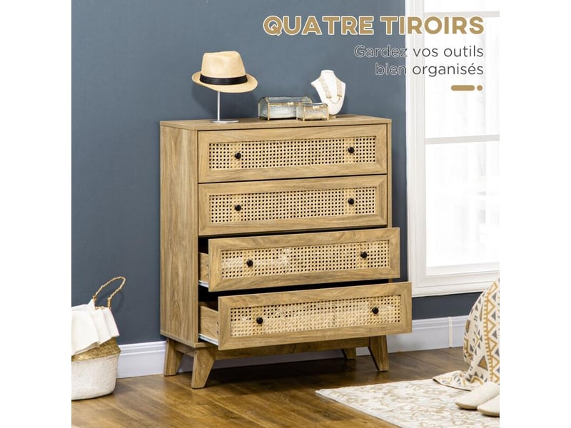  Commode 4 tiroirs meuble de rangement cannage en rotin aspect bois clair 80 x 35 x 95 cm  - Conforama E
