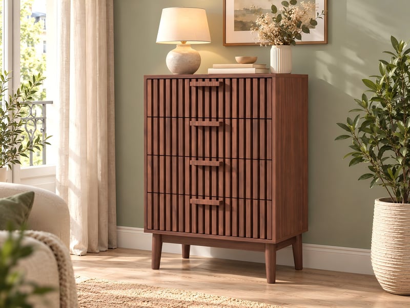  Kefsr commode 4 tiroirs, chiffonnier meuble de rangement style rétro pour chambre, salon et entrée, finition noyer, 60x34x91 cm  - Conforama B