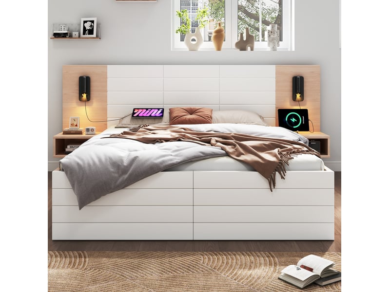  Lit double 160x200 cm avec 2 tiroirs, 2 chevets, liseuses et usb, blanc et chêne clair  - Conforama D