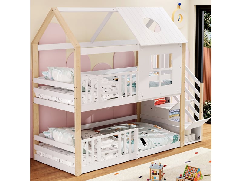  Lit superposé enfant 90x200 cm avec escalier de rangement, blanc et naturel  - Conforama D