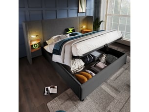 Lit double avec coffre 160x200 cm, tête de lit avec étagère, lampe de lecture, usb, sommier à lattes, tissu lin, gris