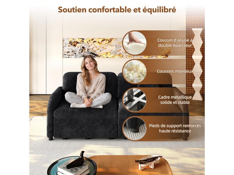  Canapé convertible 2 places noir en chenille avec couchage 154 x 200 cm Fay Lum - Conforama E