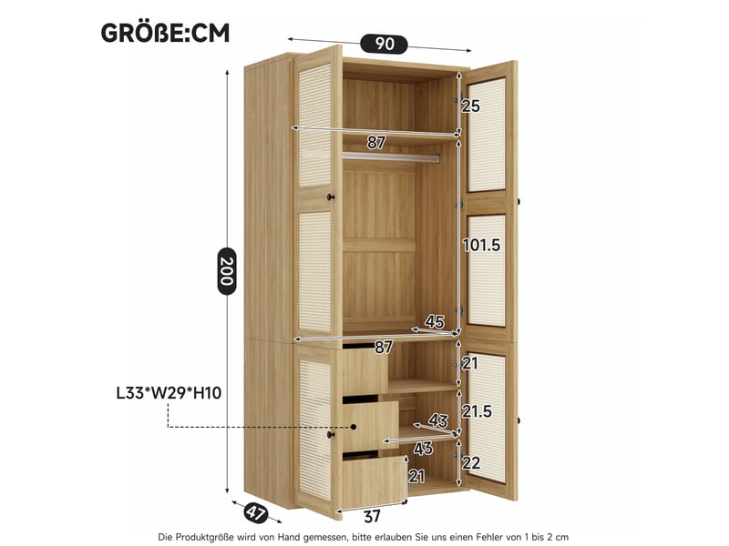  Armoire 90x47x200 cm à portes battantes, portes en rotin, 1 barre de penderie, 3 tiroirs, mdf, bois clair  - Conforama C