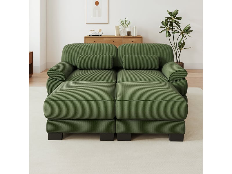  Canapé modulable - 2 places - 2 ottomans - assise profonde - velours côtelé - mobilier de salon - configuration flexible - vert CozyNest - Conforama C