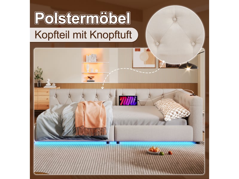 Lit banquette en lin beige 90x200 cm avec sommier - éclairage led 7 couleurs et ports usbtype-c  - Conforama D