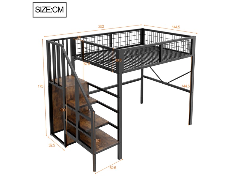  Lit mezzanine 140x200 cm, échelle avec rangement, éclairage led, structure en métal, coloris noir, vendu sans matelas  - Conforama C