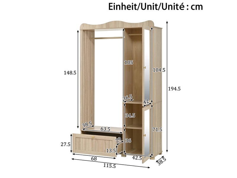  Armoire penderie avec miroir et rangement ouvert 115,5 x 38,5 x 194,5 cm chêne cravdom  - Conforama E