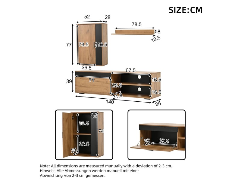 Meuble tv mural 140x40x40, design moderne bois et noir avec rangement complet meuble tv contemporain - Conforama E