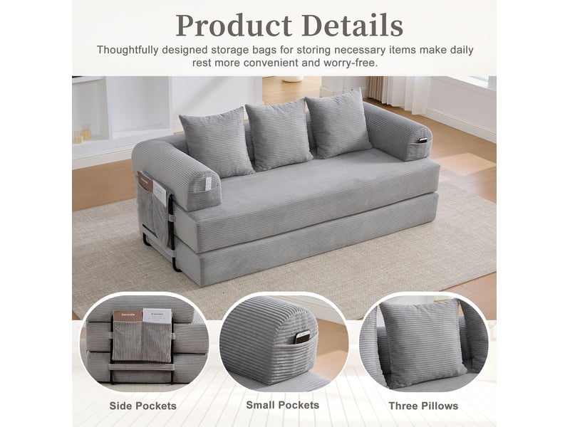 Canapé modulaire avec poches latérales et 3 coussins, structure en métal, en velours côtelé gris clair - Conforama E