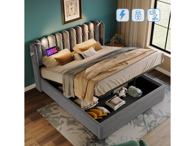  Modenvie lit coffre 160x200 cm - avec usb, liseuse et rangement intégré, matelas inclus - gris  - Conforama D