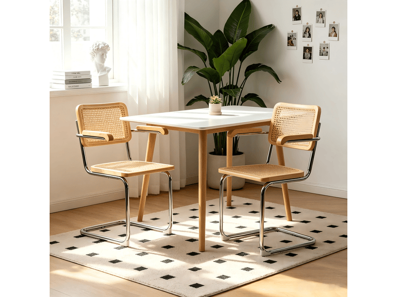 Lot de deux chaises de salle à manger, chaises en bois avec dossier en rotin et pieds chromés, style « brewer » du milieu du siècle, couleur naturelle - Conforama E