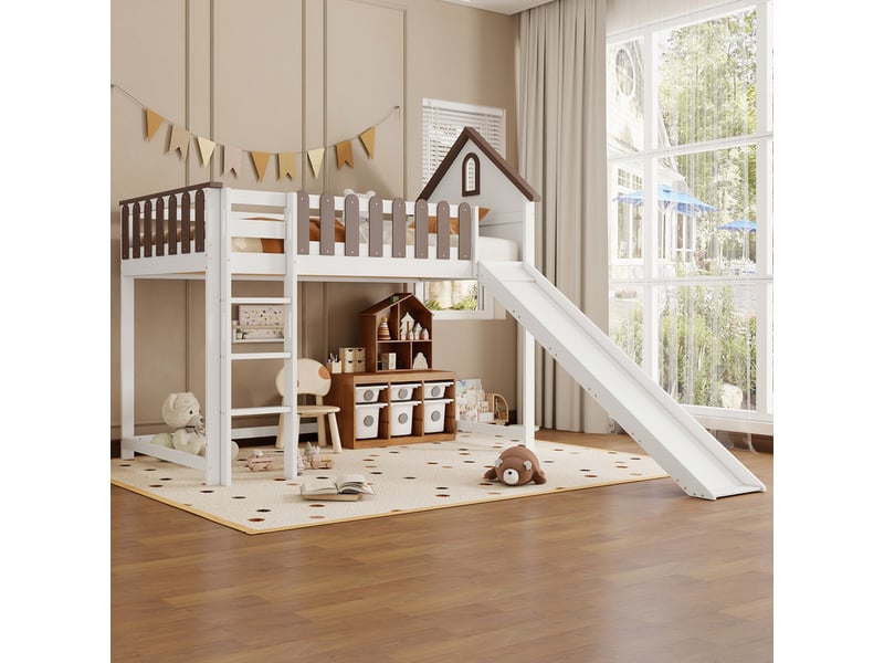  Lit mezzanine,90x200 cm,avec toit,fenêtre,échelle,toboggan,pin et mdf,blanc et noyer  - Conforama D