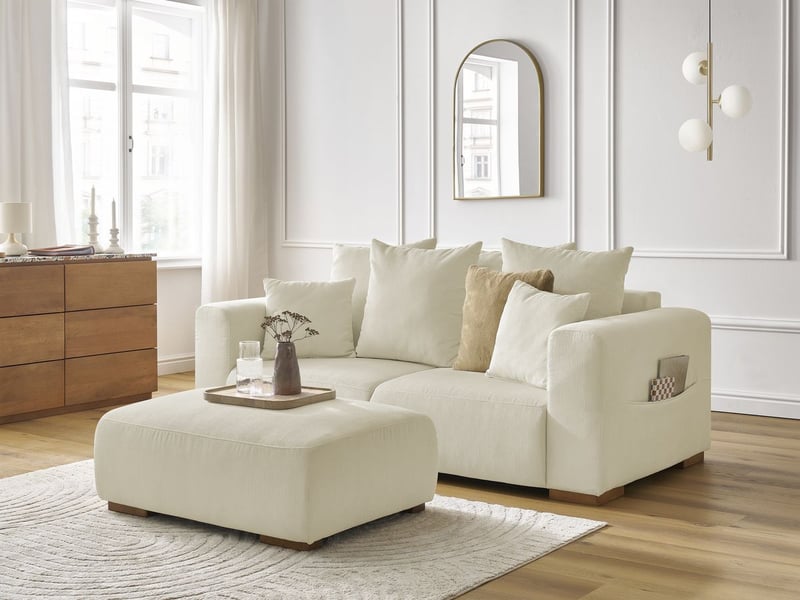  Bobochic canapé droit fixe 2 places sidonie velours côtelé avec pouf beige SIDONIE - Conforama B