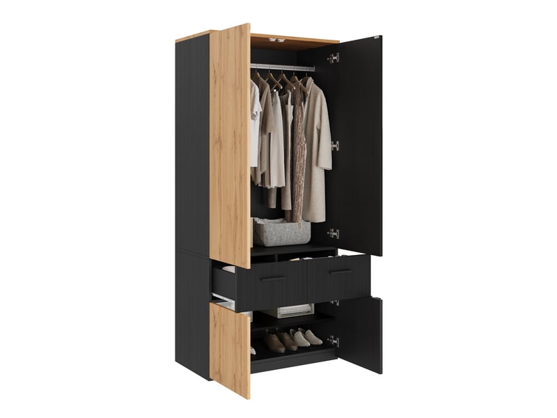 Armoire,90x50x200 cm,avec penderie, 2 tiroirs et étagères,mdf,noire et effet bois - Conforama A