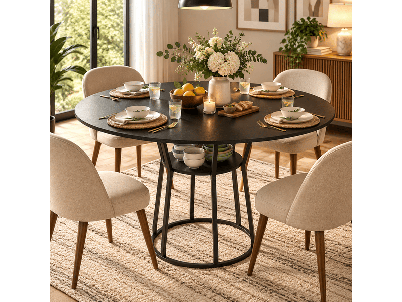 Table à manger ronde 6 personnes avec plateau aspect bois et pied en métal 120 cm, noir - Conforama B