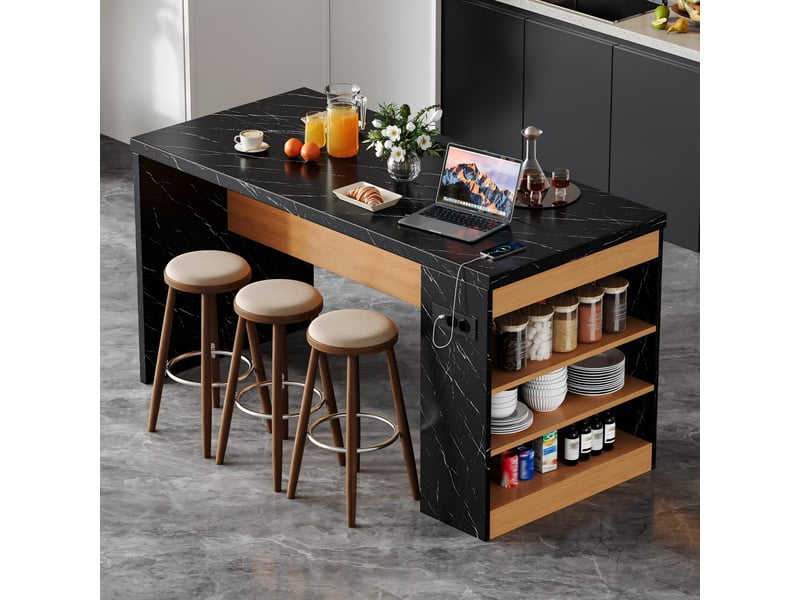  Îlot de cuisine 155x80x90cm avec éclairage led intégré et prises, plan de travail 40mm, couleur noir et naturel  - Conforama D