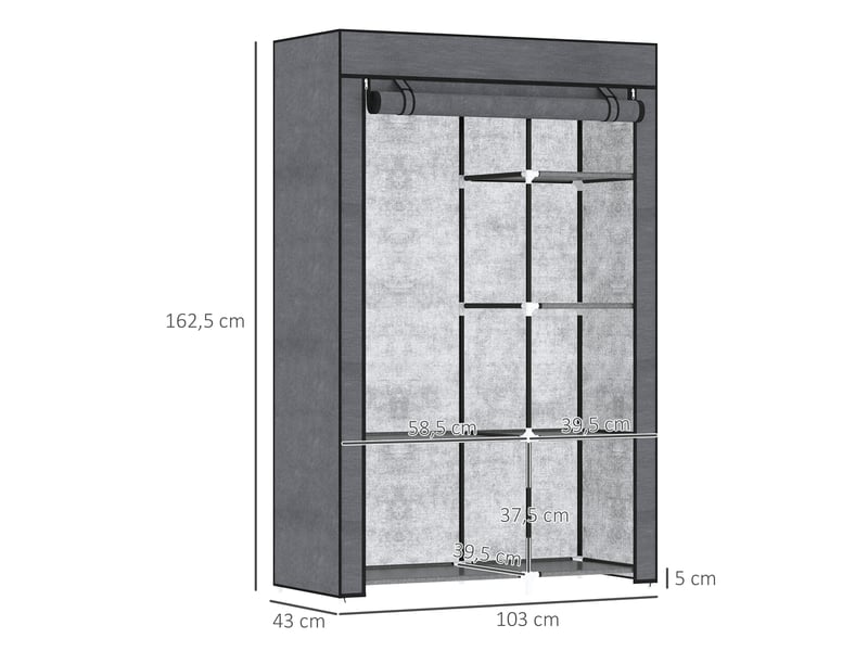  Armoire pliable en tissu, armoire portable avec 6 étagères et 1 tringle à vêtements pour la chambre, 103 x 43 x 162,5 cm, gris foncé  - Conforama E