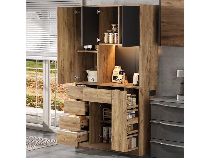  Buffet haut 105x40x185 cm noir et naturel mdf, 4 tiroirs, led, prises usb et type c, rangement cuisine  - Conforama B