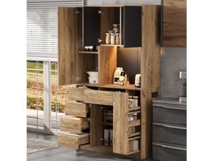 Buffet haut 105x40x185 cm noir et naturel mdf, 4 tiroirs, led, prises usb et type c, rangement cuisine