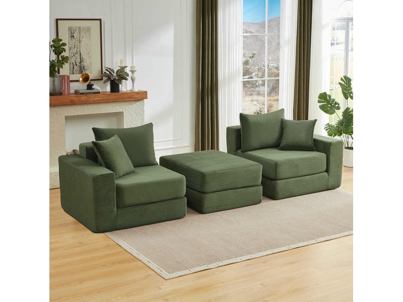  Canapé modulable 3 places en velours côtelé vert convertible en lit d'appoint  - Conforama D
