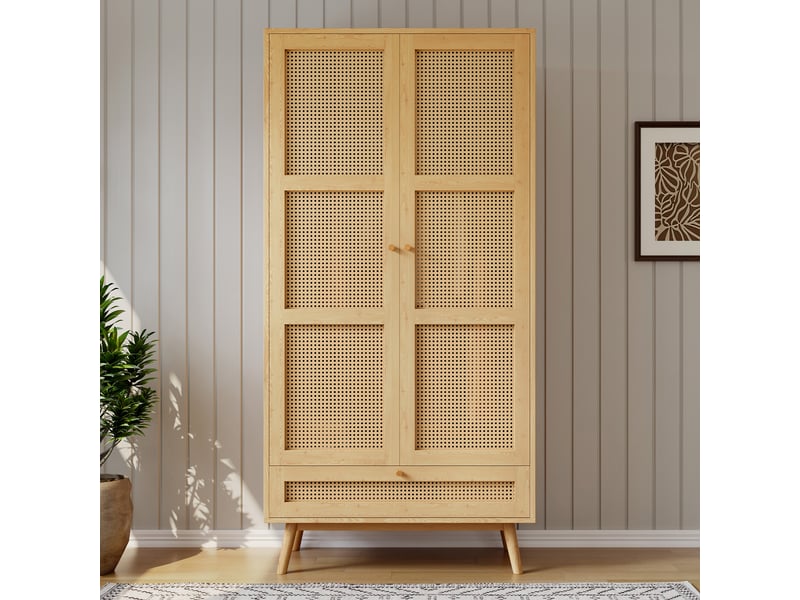  Armoire 2 portes avec tringle, armoire à vêtements style rotin, rangement avec couvercle rabattable, naturel  - Conforama W