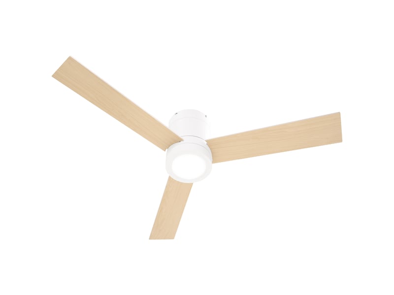  Ventilateur de plafond avec moteur ac 48 w, éclairage led, télécommande, 3 vitesses et 3 pales en bois, ø 112 x 25 cm, blanc  - Conforama B