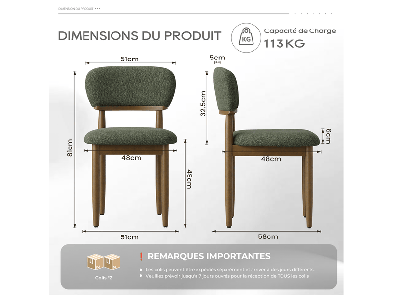  Lot de 2 chaises de salle à manger rembourrées, dossier ergonomique, tissu texturé respirant, structure en bois massif, style moderne, vert  - Conforama C