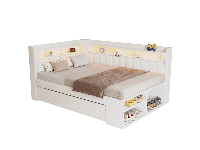  Canapé-lit rembourré 90 x 200 cm avec port usb et led, comprenant un meuble à chaussures et deux tiroirs, tissu lin, blanc  - Conforama A