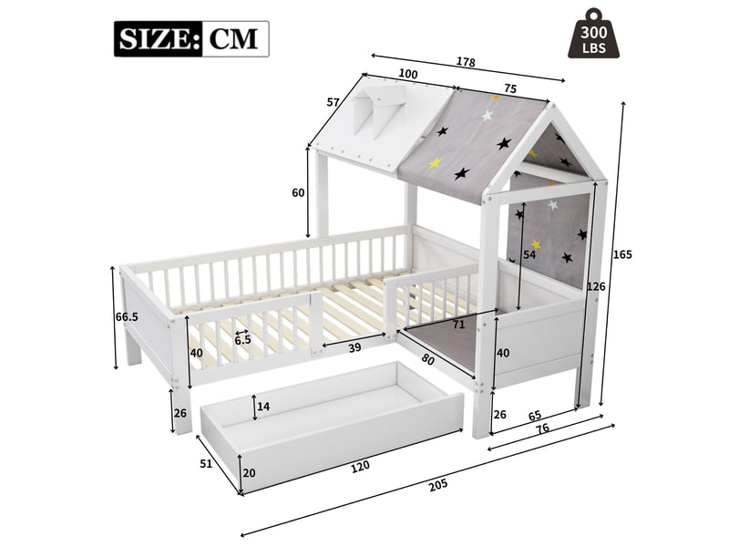 Lit enfant 90x200 cm en bois en forme de maison, lit simple multifonctionnel avec toile de tente et coussins, tiroirs en dessous, sans matelas, blanc - Conforama C
