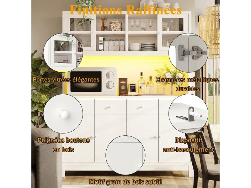  Vaisselier buffet haut de cuisine avec portes en verre 4 tiroirs mdf blanc 140 cm  - Conforama R