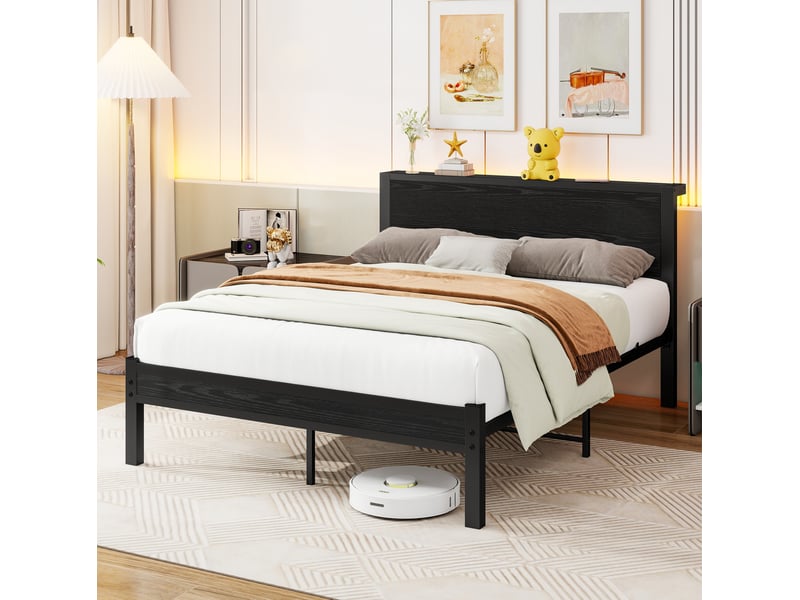 Cadre de lit plateforme avec rangement 140x200 cm, noir, métal et mdf, sans matelas - Conforama B