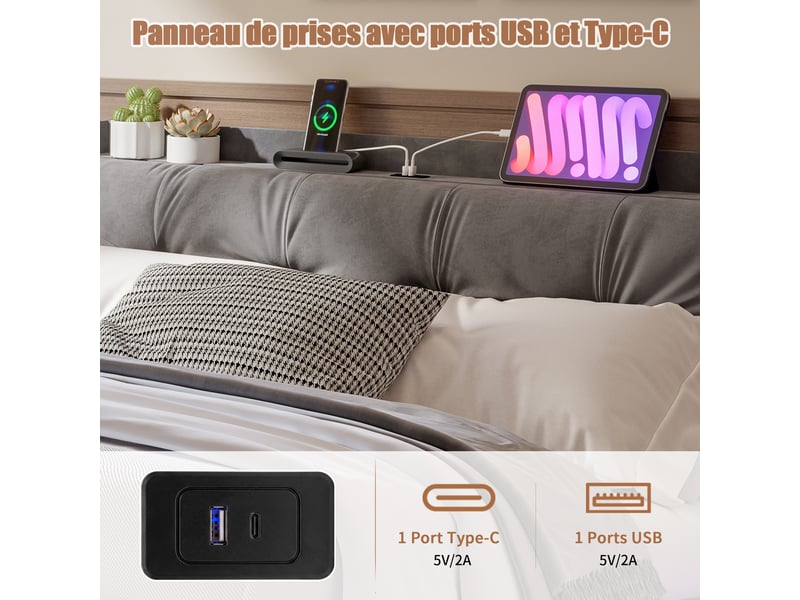Lit coffre 160x200 avec led et port usb, lit double avec tête de lit rembourré, cadre de lit avec sommier à lattes et rangement hydraulique, gris velours - Conforama E