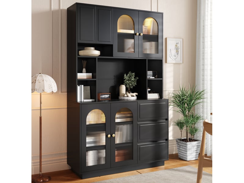  Buffet de cuisine haut avec 6 portes, 3 tiroirs et led pilotée par application en mdf noir pour salle à manger  - Conforama E