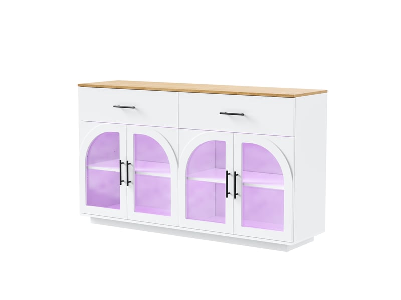 Buffet de cuisine avec plan de travail effet bois, 2 tiroirs, portes vitrées cintrées, meuble vaisselier, coloris blanc Fay Lum - Conforama A