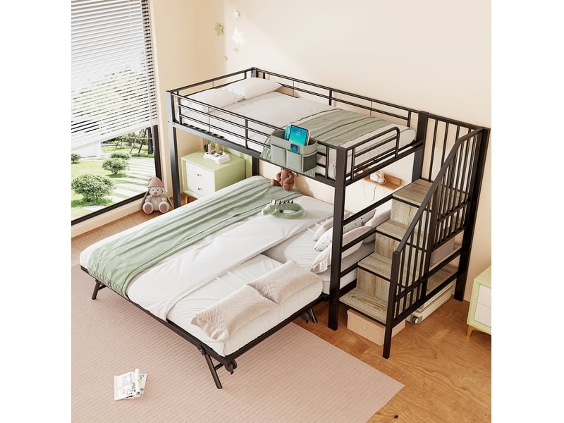  Lit superposé 90x200 cm avec lit gigogne et rangements en métal noir  - Conforama C