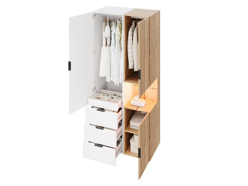  Armoire 90x49x200 cm avec éclairage led et tiroir à bijoux, mdf, blanc et bois, dressing et accessoires, chambre déco  - Conforama A