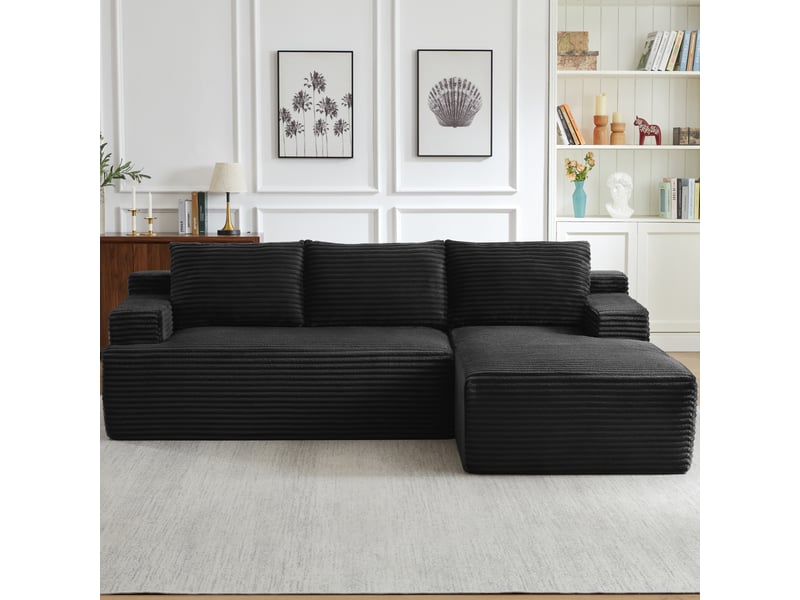  Canapé d'angle modulable 4 places noir en velours côtelé, assise profonde et méridienne à droite  - Conforama D