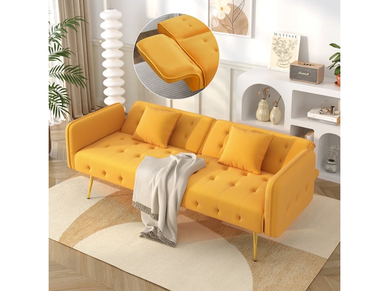 Canapé convertible 2 places, canapé en velours moderne avec dossier et accoudoirs réglables, pieds en métal doré, pour salon. - Conforama D