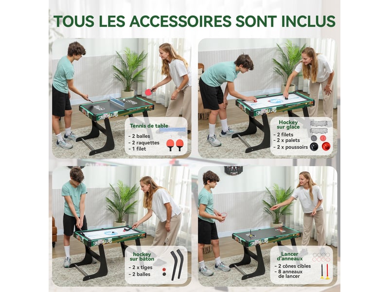  Table multi-jeux 6-en-1, baby-foot, billard, ping-pong, hockey, jeu d'anneaux, 118x104x71cm, multicolore  - Conforama W