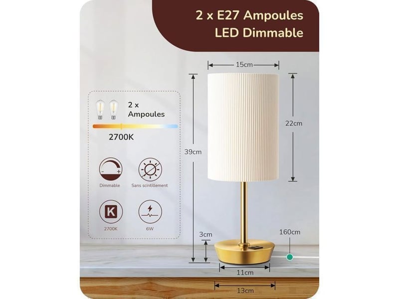 Lampe de chevet led 2 pack tactile avec variateur 3 niveaux usb-c usb-a e27 370618_AAAYP05974_6_DROPFR - Conforama E