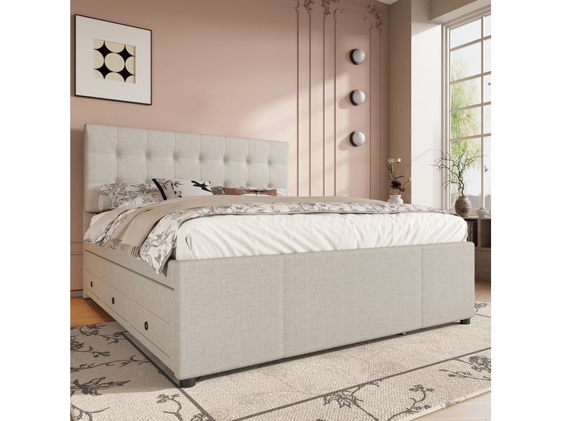  Lit 2 places rembourré 140x200 cm avec lit gigogne et 3 tiroirs beige  - Conforama E