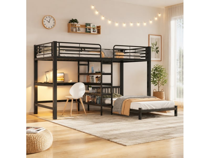 Lit superposé 90 × 200 cm 2 places avec bureau, 4 rangements, prises usb et usb-c, sans matelas, noir - Conforama C