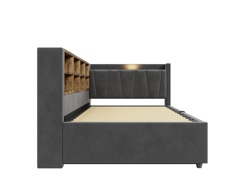 Lit coffre enfant 90x200 cm, led, usb type-c, étagères, rangement, sommier, velours gris foncé, sans matelas - Conforama R