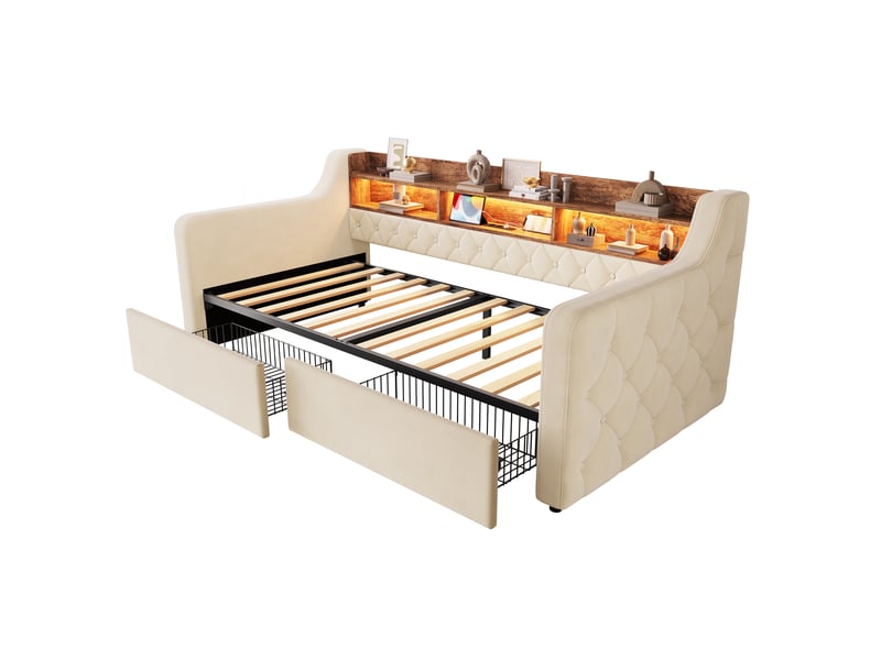 Lit 90 × 190 cm en velours beige, led, usb-c et 2 tiroirs IKSETERA TRADING LTD - Conforama E