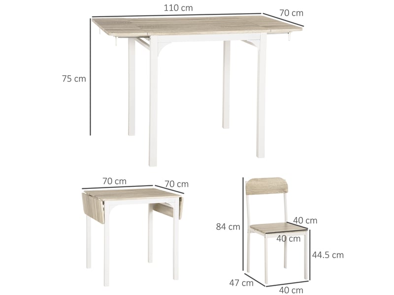  Lot de 3 pièces : table à plateau pliant et chaises en mdf et acier blanc, 110 x 70 cm, pour petits espaces  - Conforama C