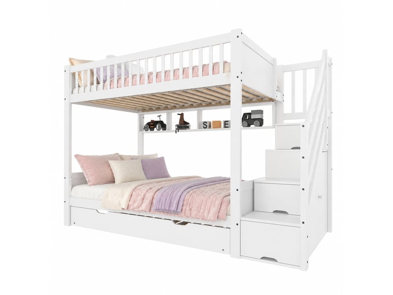 Lit superposé enfant 90 x 200 cm avec lit gigogne, rangements et armoire blanc - Conforama A