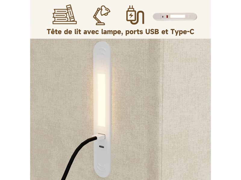  Lit double rembourré enfant 120x200 cm, lit coffre hydraulique, éclairage led et port usbtype-c, sommier inclus, chenille beige  - Conforama E